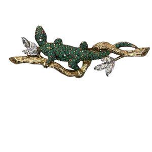 Panetta Signed Vintage 60's Green Rhinestone Sparkling Lizard Brooch  2.5" Large